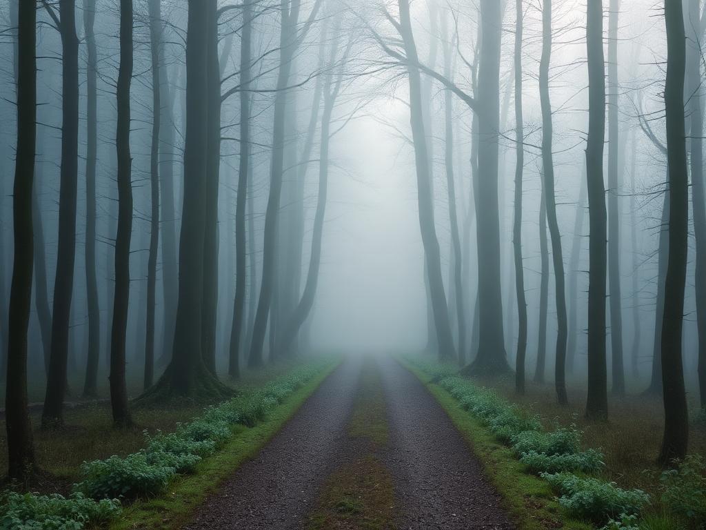 Stille skovsti i morgentåge